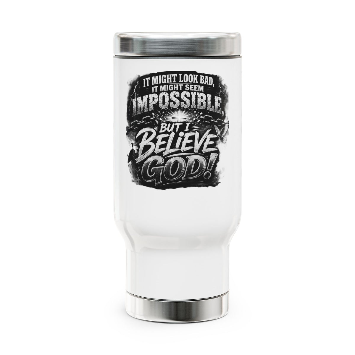 Travel Mug — “I Believe God” Inspirational Stainless Steel 14oz with Handle