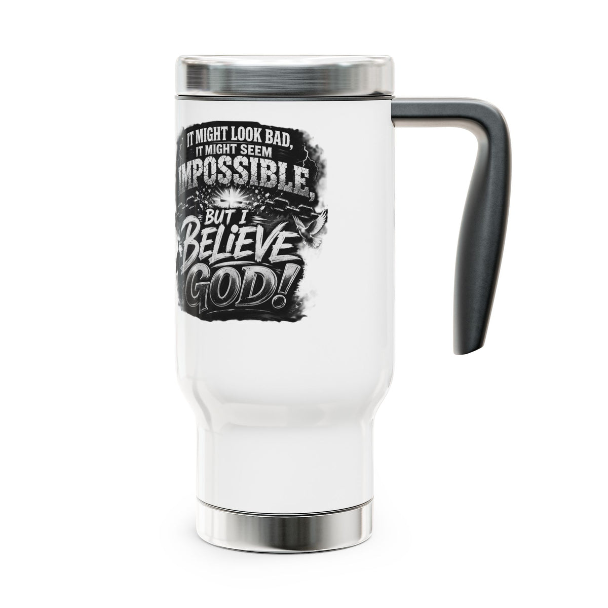 Travel Mug — “I Believe God” Inspirational Stainless Steel 14oz with Handle