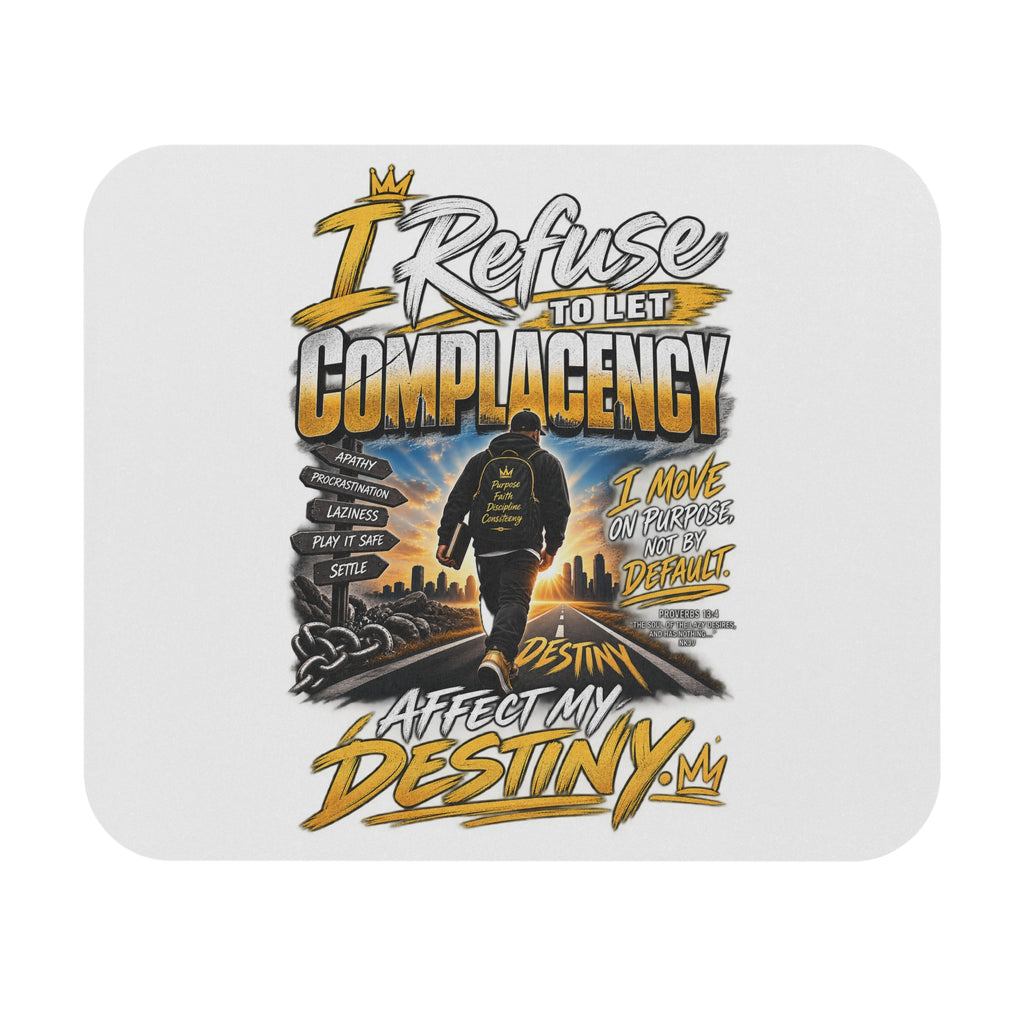 Motivational Mouse Pad — “I Refuse to Let Complacency Affect My Destiny” Desk Mat